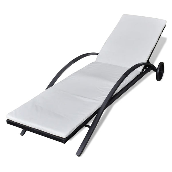 Sun Lounger with Cushion & Wheels Poly Rattan Black