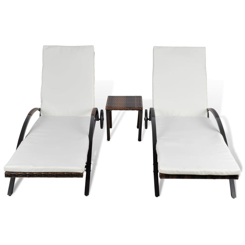 Sun Loungers with Table Poly Rattan Brown