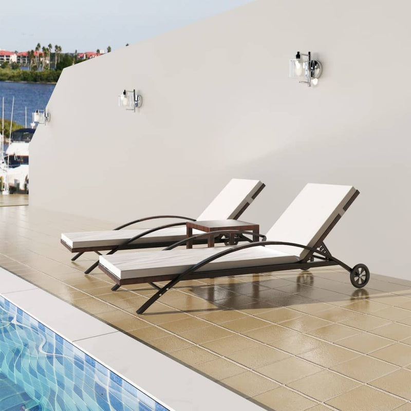 Sun Loungers with Table Poly Rattan Brown