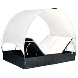 Double Sun Lounger with Canopy Poly Rattan Black