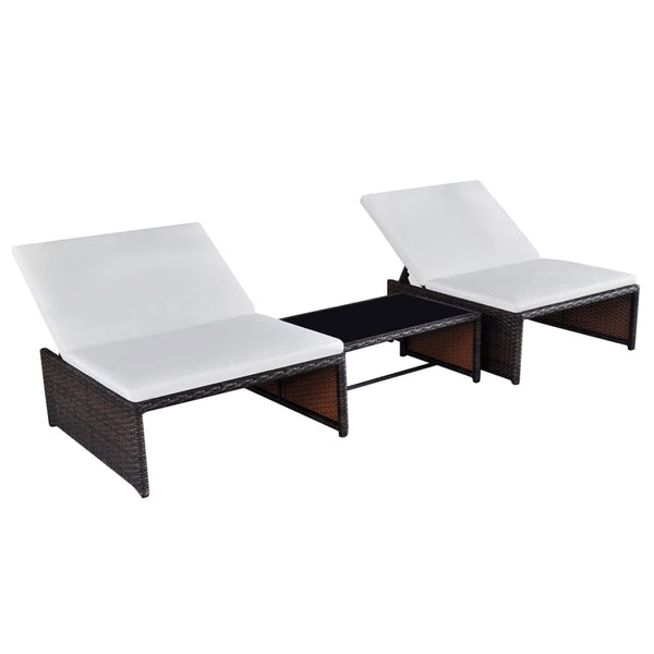 Reclining Patio Chairs 2 pcs with Table Brown Poly Rattan