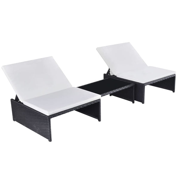 Reclining Patio Chairs 2 pcs with Table Black Poly Rattan