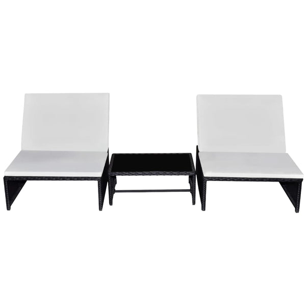 Reclining Patio Chairs 2 pcs with Table Black Poly Rattan