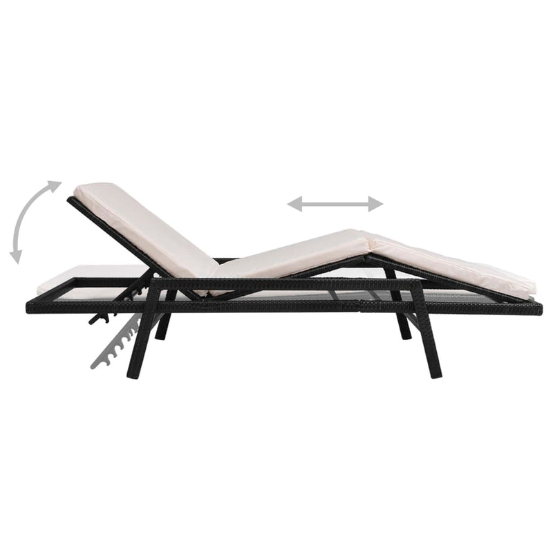 Sun Lounger with Cushion Poly Rattan Black