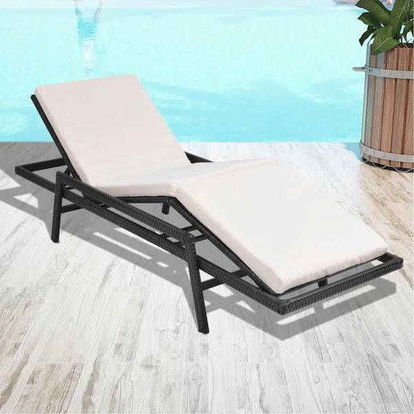 Sun Lounger with Cushion Poly Rattan Black