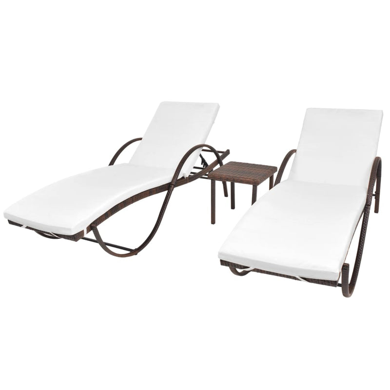 Sun Loungers 2 pcs with Table Poly Rattan Brown