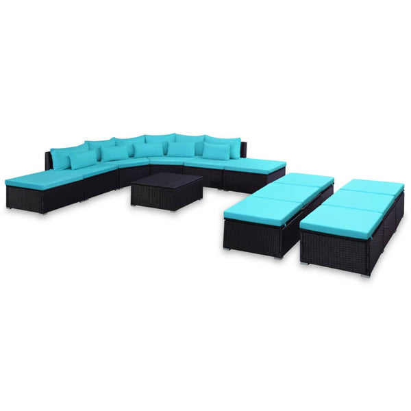 9 Piece Patio Lounge Set with Cushions Poly Rattan Blue