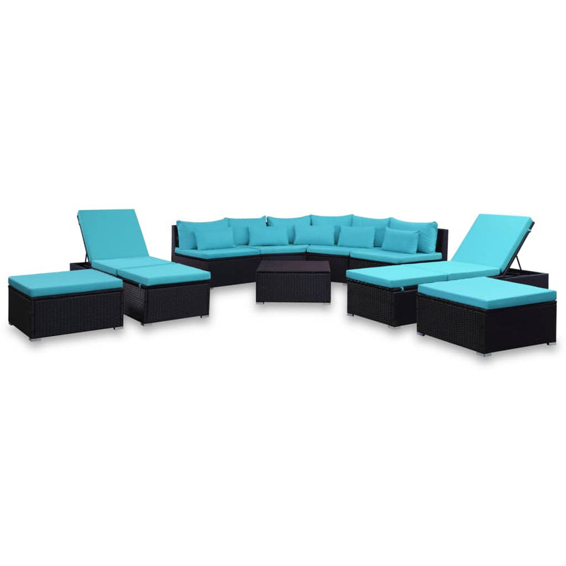 9 Piece Patio Lounge Set with Cushions Poly Rattan Blue