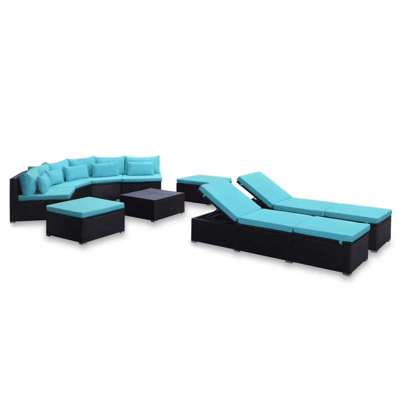 9 Piece Patio Lounge Set with Cushions Poly Rattan Blue