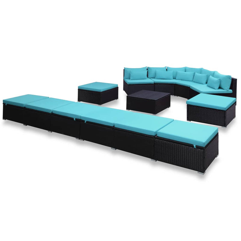 9 Piece Patio Lounge Set with Cushions Poly Rattan Blue