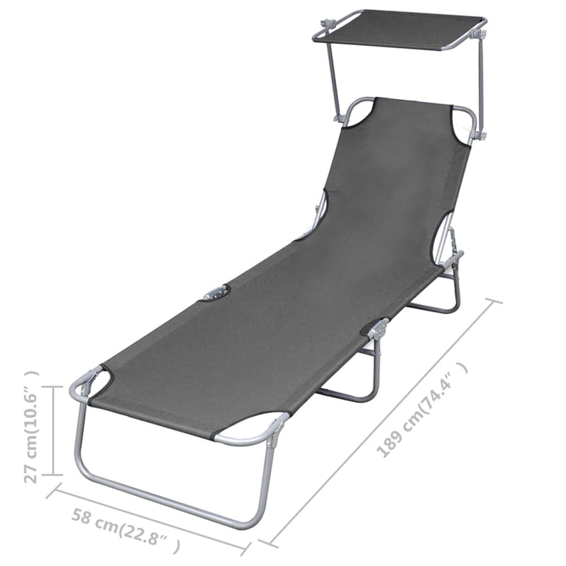 Folding Sun Lounger with Canopy Steel Gray