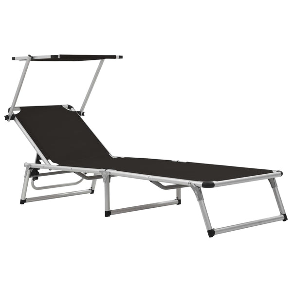 Folding Sun Lounger with Roof Aluminum and Textilene Black