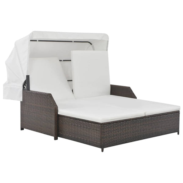 2-Person Sun Lounger with Canopy Poly Rattan Brown