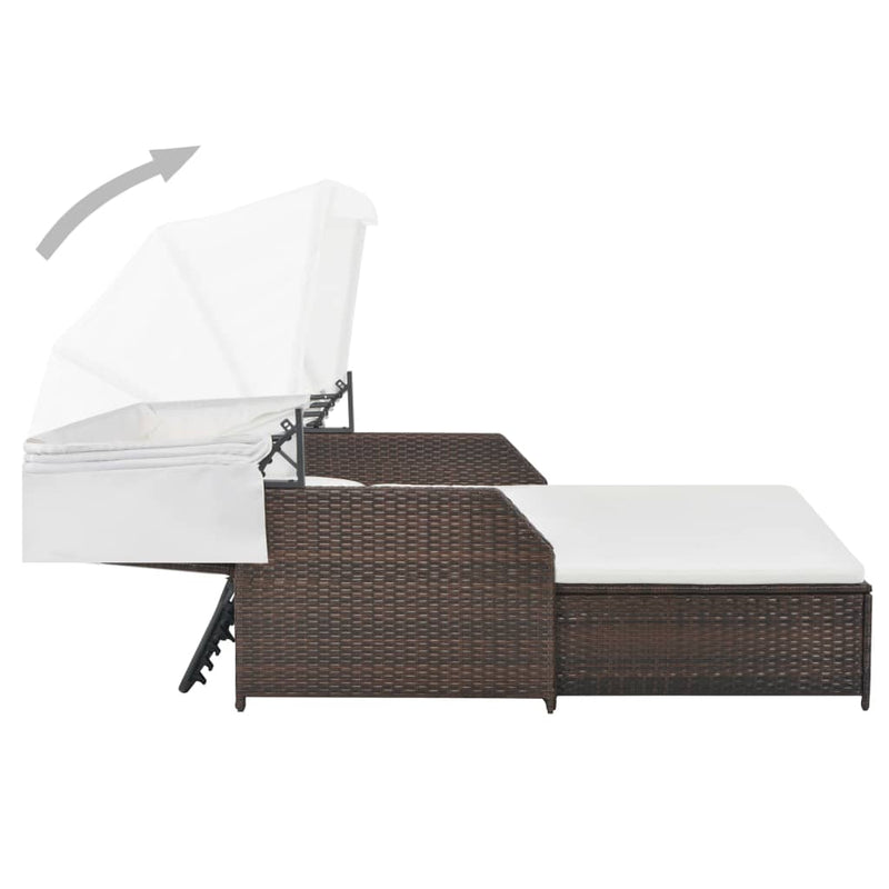 2-Person Sun Lounger with Canopy Poly Rattan Brown