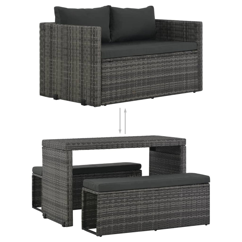 3 Piece Patio Dining Set with Cushions Poly Rattan Gray