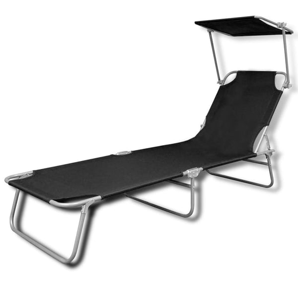 Folding Sun Lounger with Canopy Steel and Fabric Black