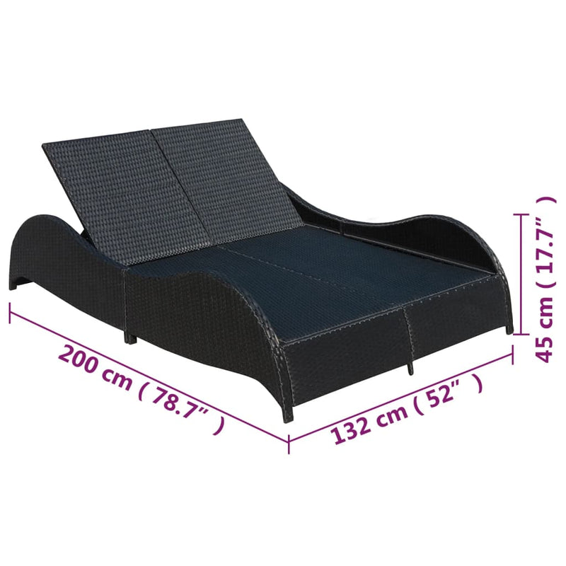 Double Sun Lounger with Cushion Poly Rattan Black