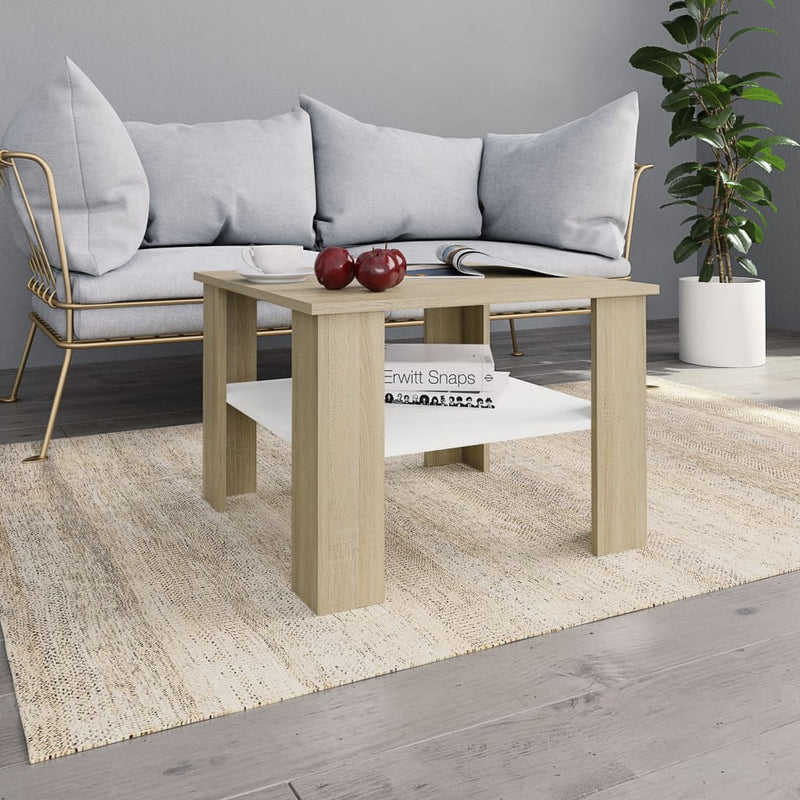 Coffee Table White and Sonoma Oak 23.6"x23.6"x16.5" Engineered Wood