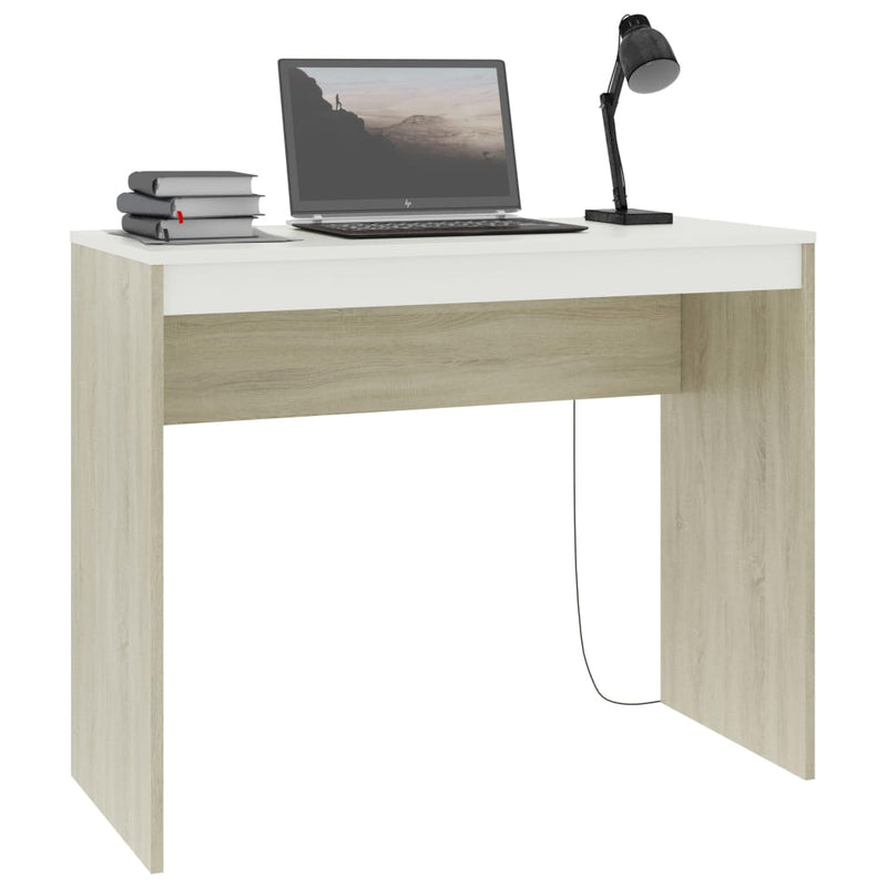 Desk White and Sonoma Oak 35.4"x15.7"x28.3" Engineered Wood