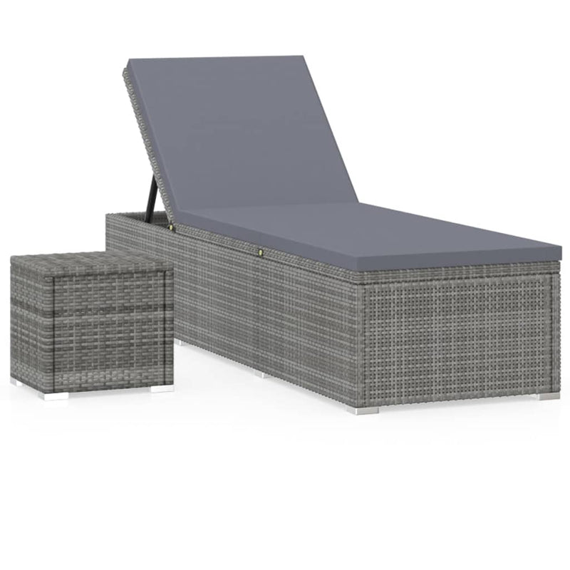 Sun Lounger with Cushion and Tea Table Poly Rattan Gray