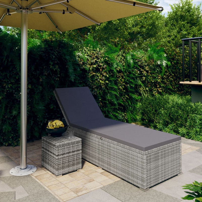 Sun Lounger with Cushion and Tea Table Poly Rattan Gray