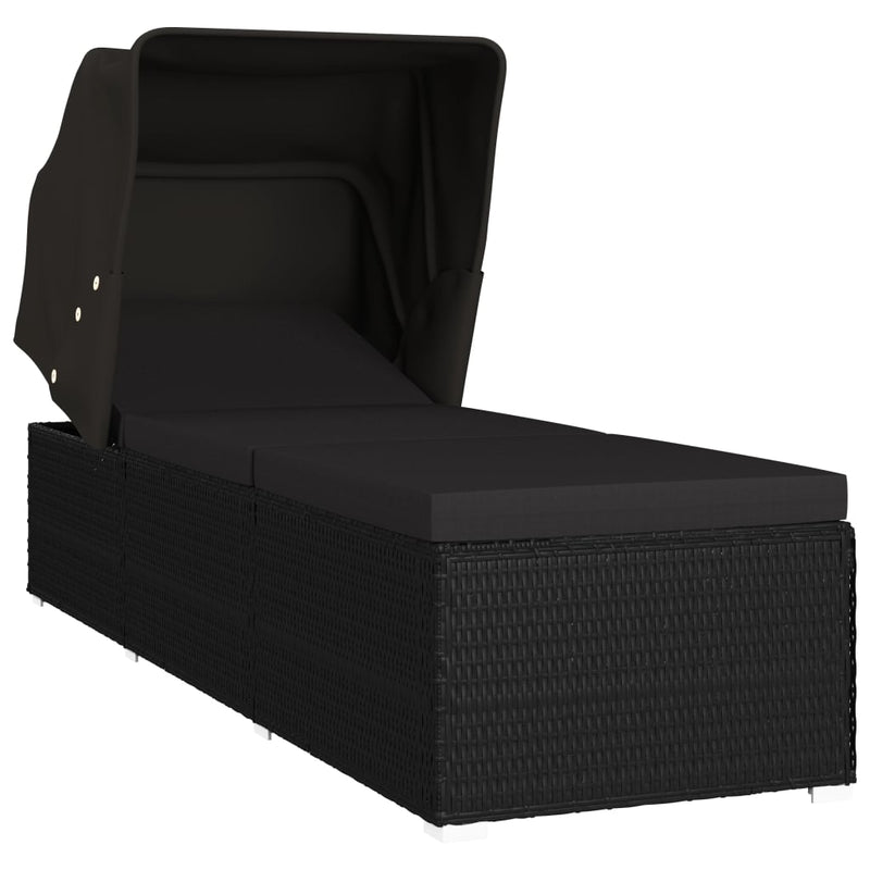 Sun Lounger with Canopy and Cushion Poly Rattan Black