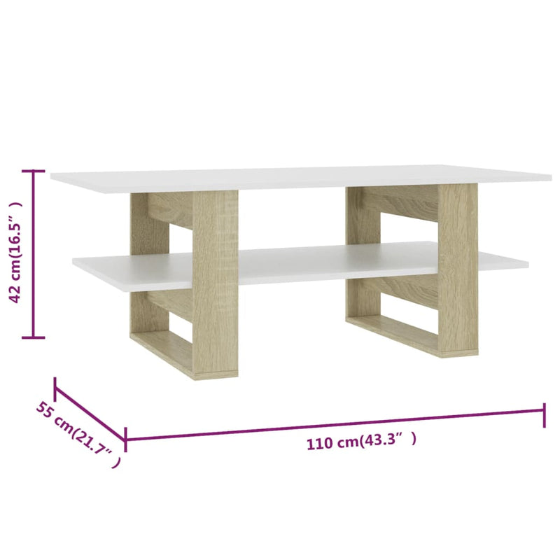 Coffee Table White and Sonoma Oak 43.3"x21.7"x16.5" Engineered Wood