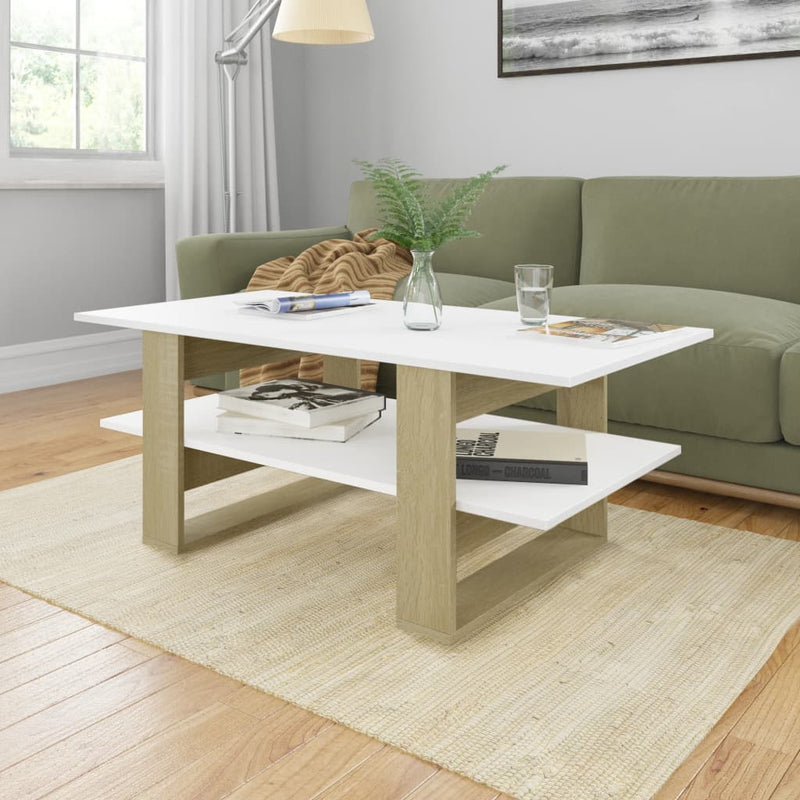 Coffee Table White and Sonoma Oak 43.3"x21.7"x16.5" Engineered Wood