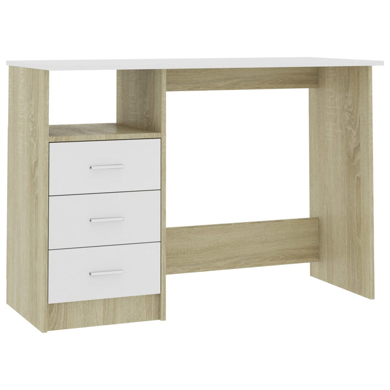 Desk with Drawers White and Sonoma Oak 43.3"x19.7"x29.9" Engineered Wood