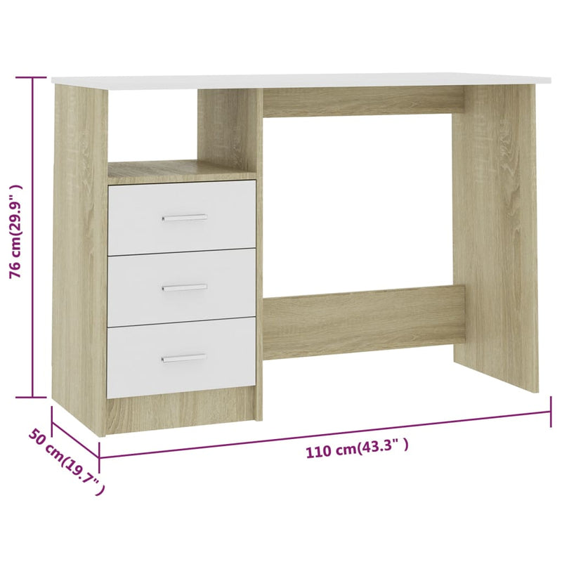 Desk with Drawers White and Sonoma Oak 43.3"x19.7"x29.9" Engineered Wood