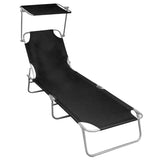 Folding Sun Lounger with Canopy Black Aluminum