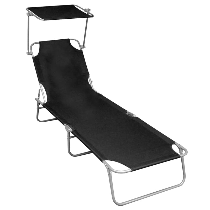 Folding Sun Lounger with Canopy Black Aluminum