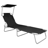 Folding Sun Lounger with Canopy Black Aluminum