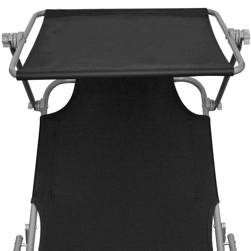 Folding Sun Lounger with Canopy Black Aluminum