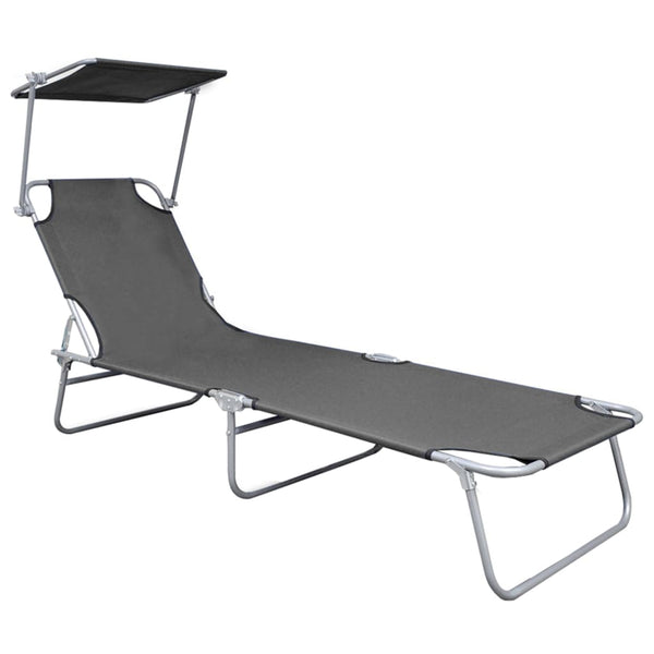 Folding Sun Lounger with Canopy Gray Aluminum