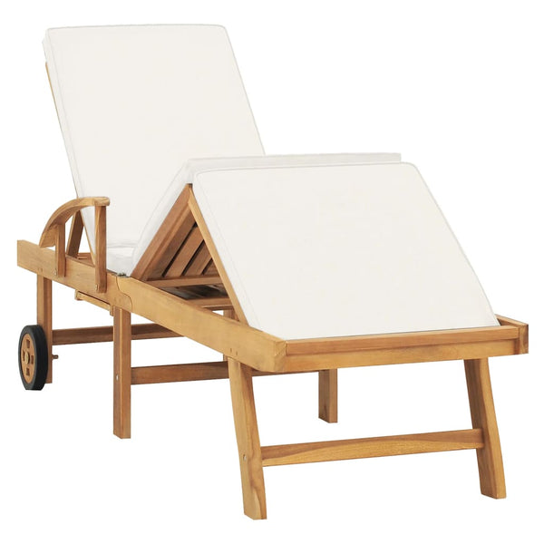 Sun Lounger with Cushion Solid Teak Wood Cream