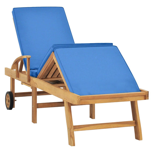 Sun Lounger with Cushion Solid Teak Wood Blue