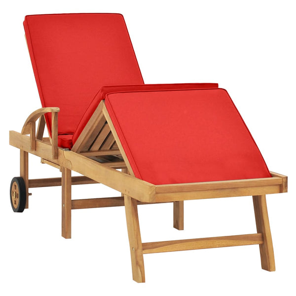 Sun Lounger with Cushion Solid Teak Wood Red