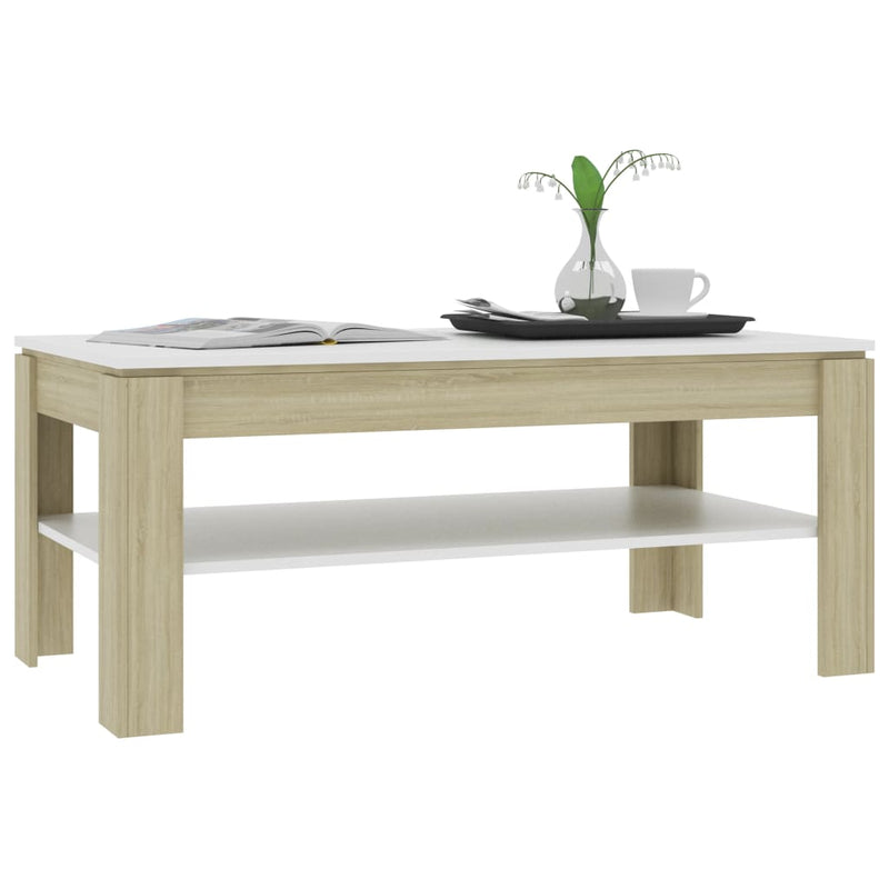 Coffee Table White and Sonoma Oak 43.3"x23.6"x18.5" Engineered Wood