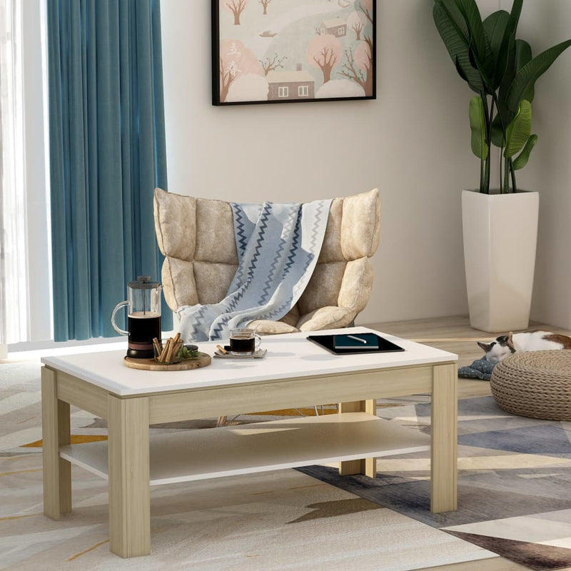 Coffee Table White and Sonoma Oak 43.3"x23.6"x18.5" Engineered Wood