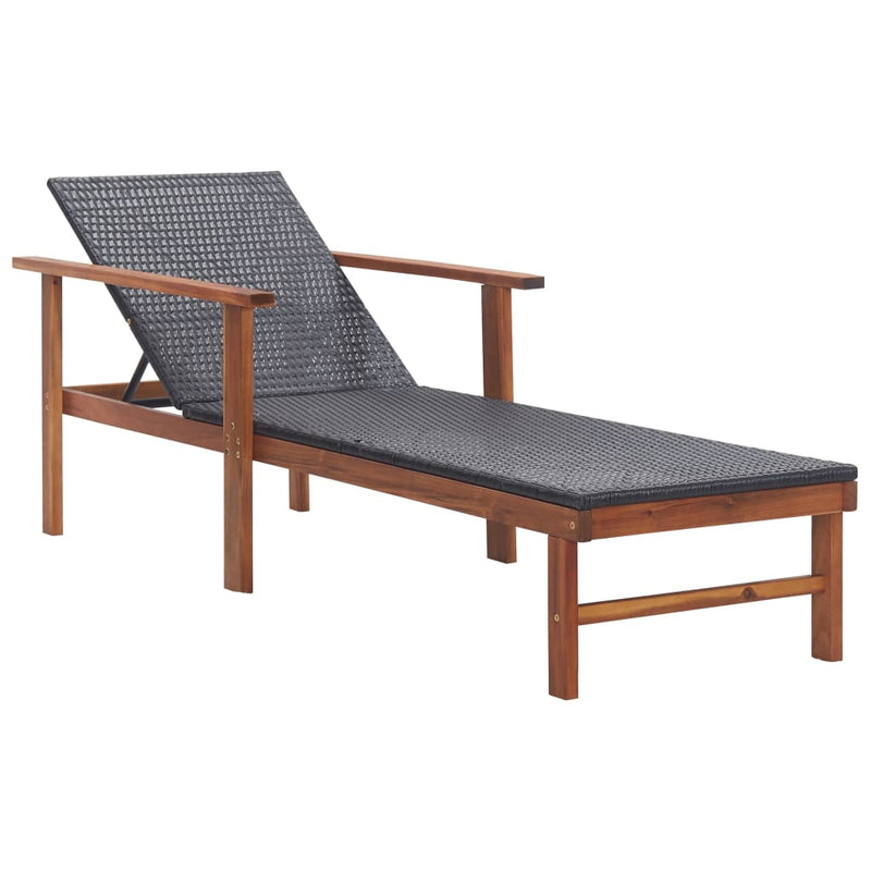 Sun Lounger with Cushion Poly Rattan and Solid Acacia Wood Black