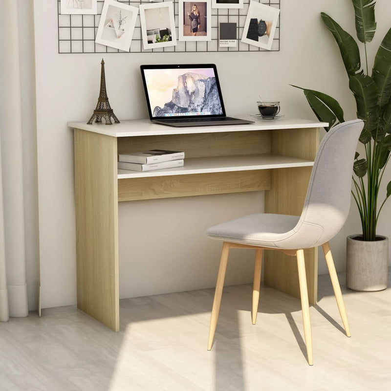 Desk White and Sonoma Oak 35.4"x19.7"x29.1" Engineered Wood