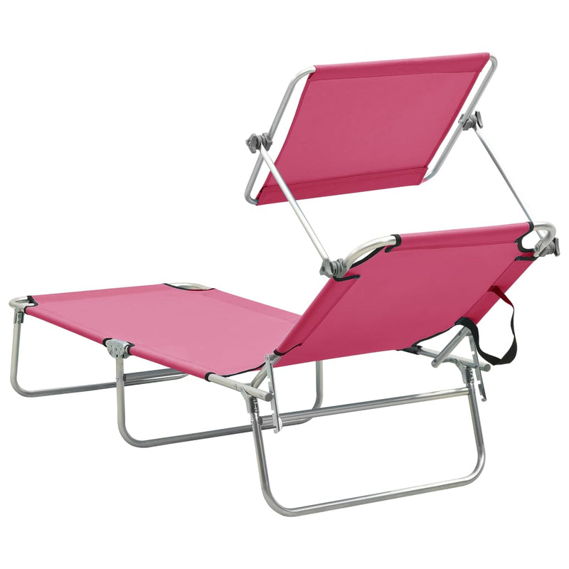 Folding Sun Lounger with Canopy Pink Aluminum