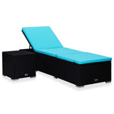 Sun Lounger with Cushion and Tea Table Poly Rattan Blue