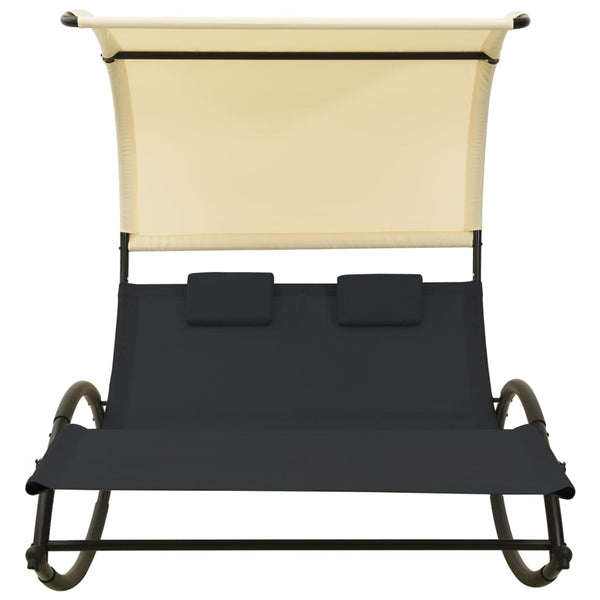 Double Sun Lounger with Canopy Textilene Black and Cream