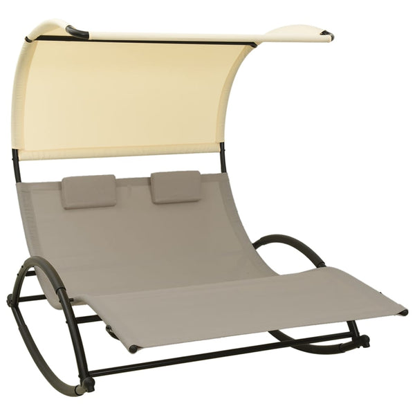 Double Sun Lounger with Canopy Textilene Taupe and Cream