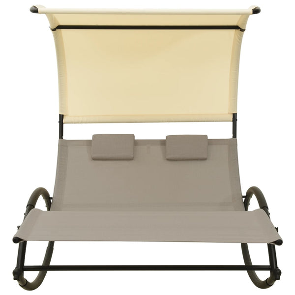 Double Sun Lounger with Canopy Textilene Taupe and Cream