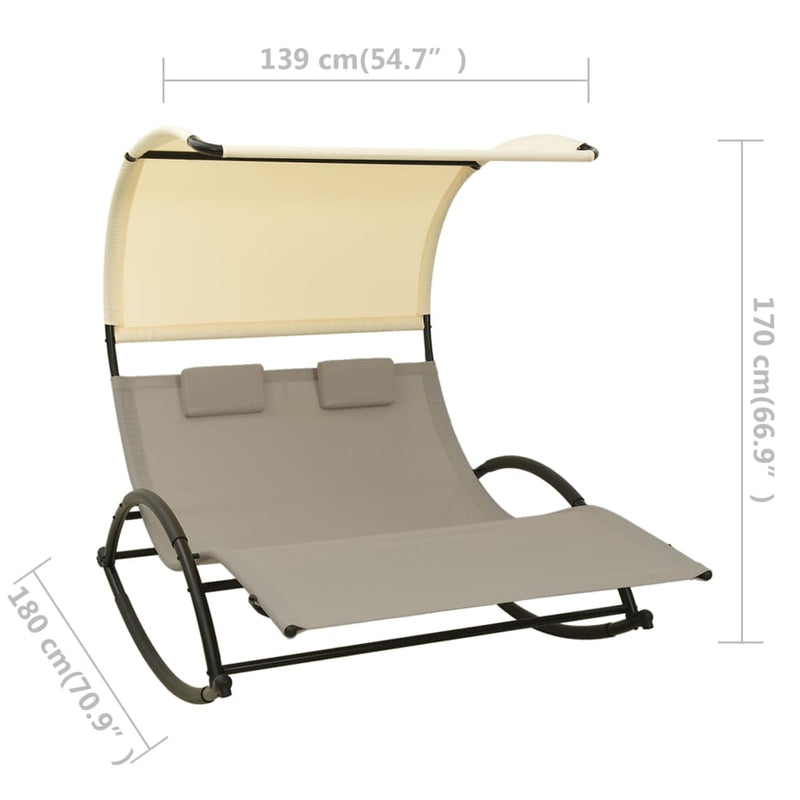 Double Sun Lounger with Canopy Textilene Taupe and Cream