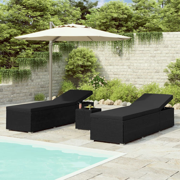 3 Piece Patio Sun Loungers with Tea Table Poly Rattan Black