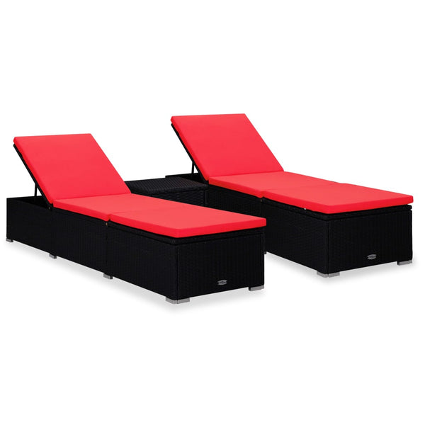 3 Piece Patio Sun Loungers with Tea Table Poly Rattan Black